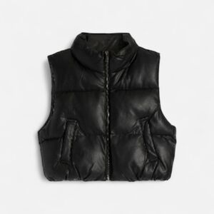 Double Zero Girls Junior L Black Faux Leather Cropped Puffer Vest Standup Collar